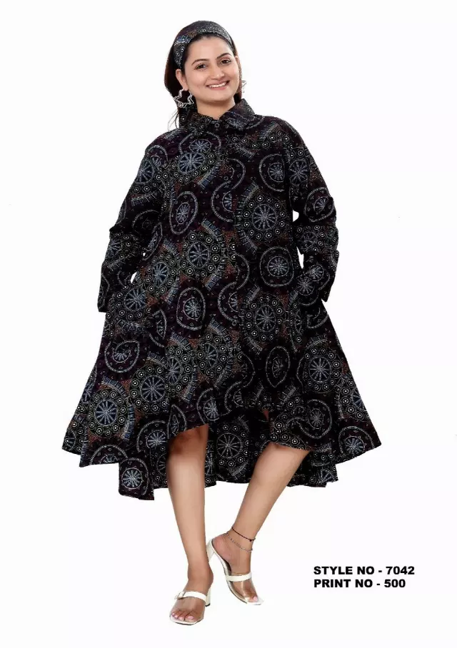 7042 - Button Down Shirt Dress in High Low Style (3 PCS PRE-PACK) - $25.00 Each — One Size (4 - 26)) / Print-500