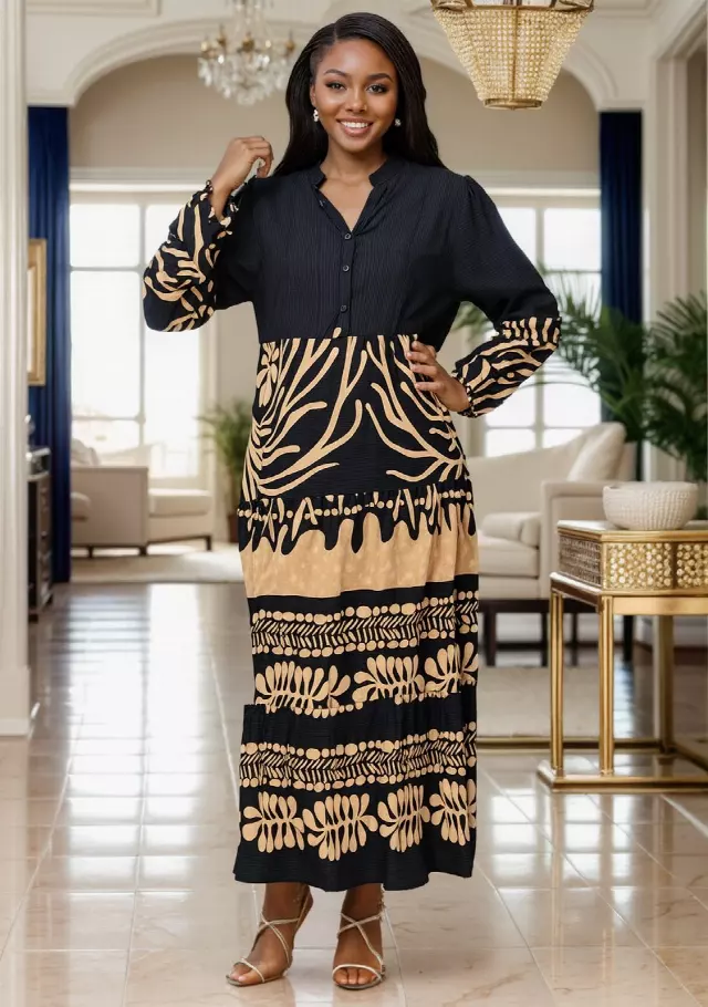 25052- Women's Ankle Length Solid & Printed Elegant Dress - $25.00 Each (3 pcs per pack) — Free Size / Print-25052-BLK