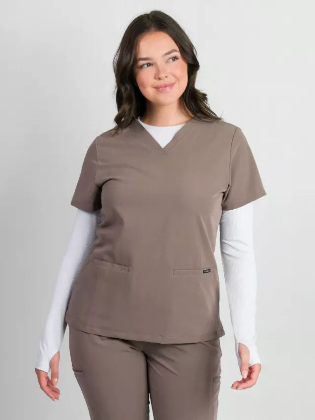 Sofia | Slim 3 Pocket Scrubs Top — Taupe / 2XL