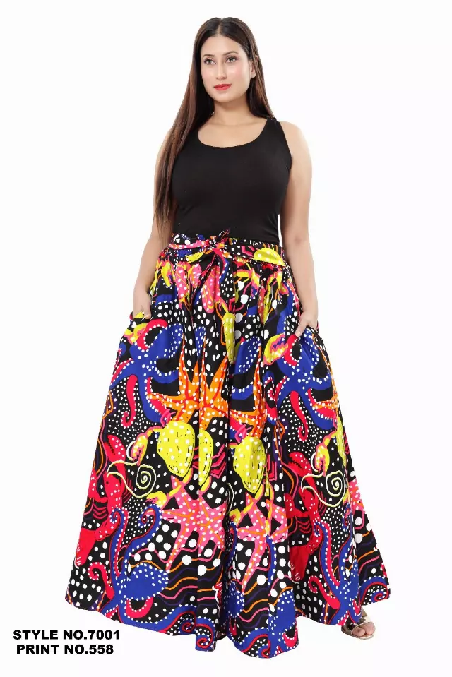 PLUS SIZE 7001X - NEW PRINTS ALERT!!! 8 Panel African Print Skirt - Authentic African Wax (3-PCS PRE-PACK) - $26 Each — One Size (20-34) / Print-558 / 3-Pcs Per Pack