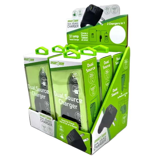 Car Charger and Wall Charger Combo Dual Port USB / USB-C 3.1 Amp - 6 Pieces Per Retail Ready Display 23708