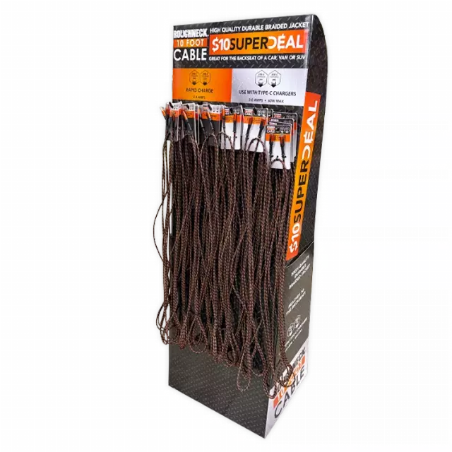 10FT Braided Sync and Charge Cable Assortment Floor Display - 24 Pieces Per Retail Ready Display Kit 88628