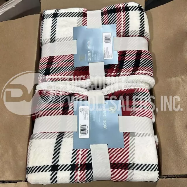 Wayland Square Plush Plaid Throw Blanket Red Cream Sherpa Faux Fur Back 50 in x (60 Pcs Lot)