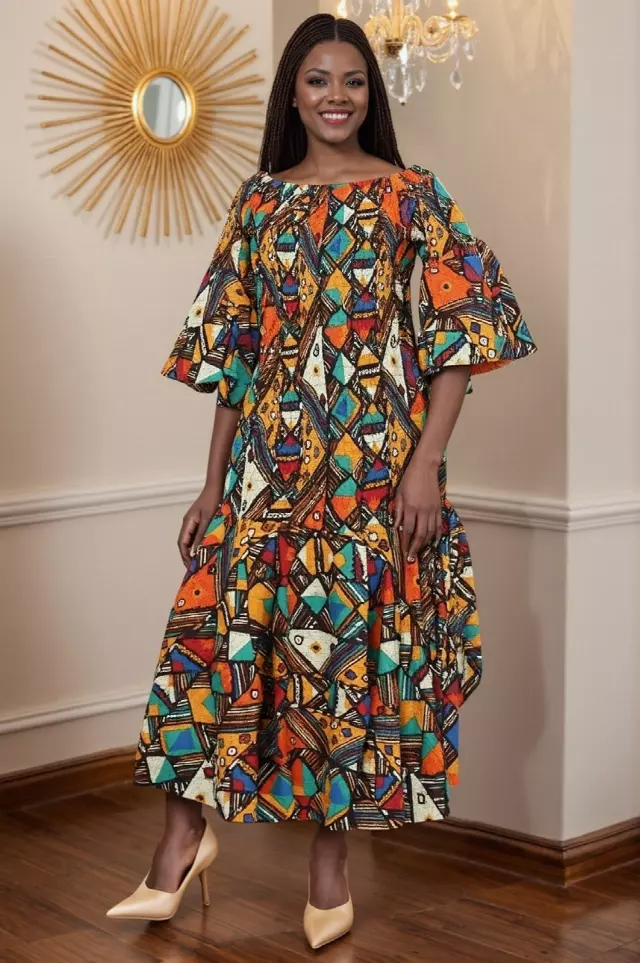 9008 - African Print Off-shoulder Smocking Dress (3/Pk) - Free Size - $25.00 Each — Free Size / Print-622