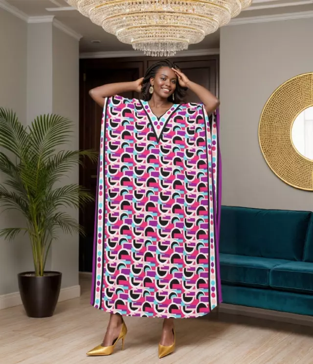 PNA-1460 - Women's Comfy Kaftan Dress with Headwrap- One Size (6-PCS PRE-PACK) - $7 Each — One Size (4-24) / Print-1460A