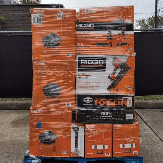 RIDGID Tool Pallet · mixed cordless tools, chargers, batteries, accessories