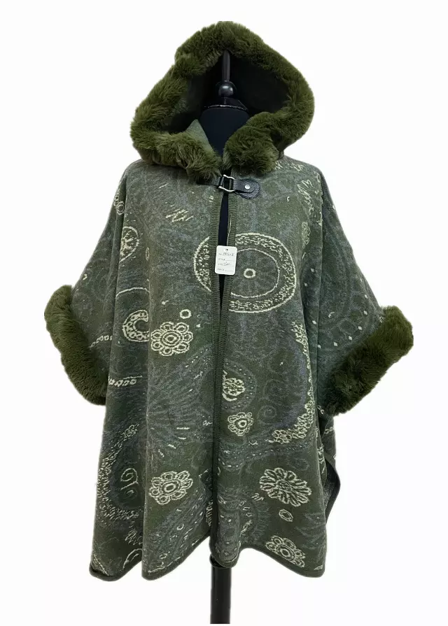 TX208 Flower and Paisley Pattern Faux Fur Cape with Hoodie — Olive