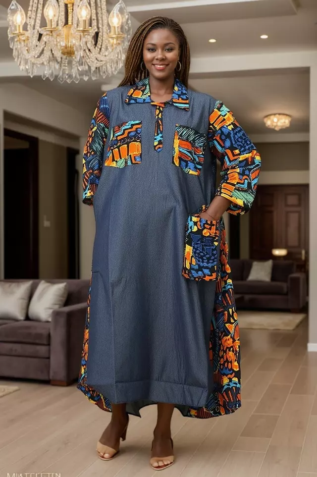 7881D -Ankle Length Denim & Printed Maxi Dress - $25.00 Each (3 pcs per pack)