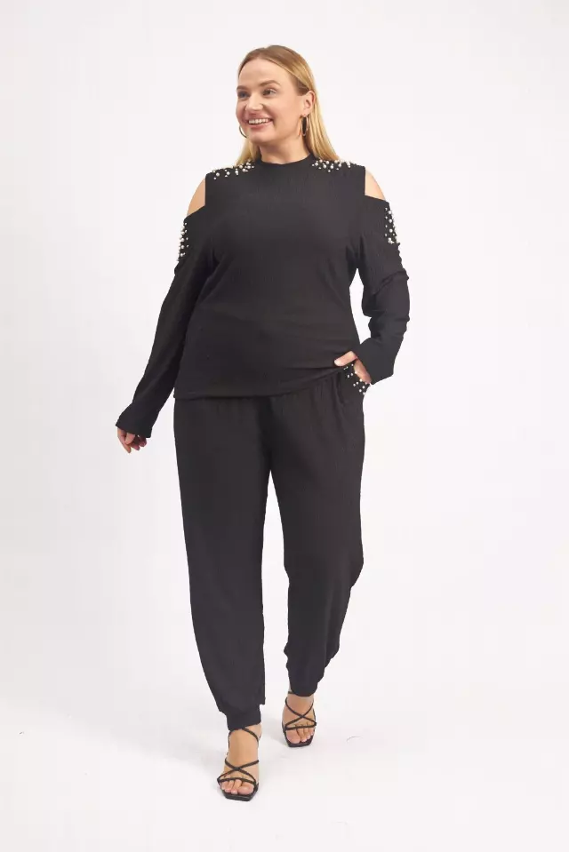 24029 -Cold Shoulder Pearl & Long Sleeves 2-Pcs Set - $25.00 Set (3 pcs per pack) — Plus - 1X 2X 3X / Black