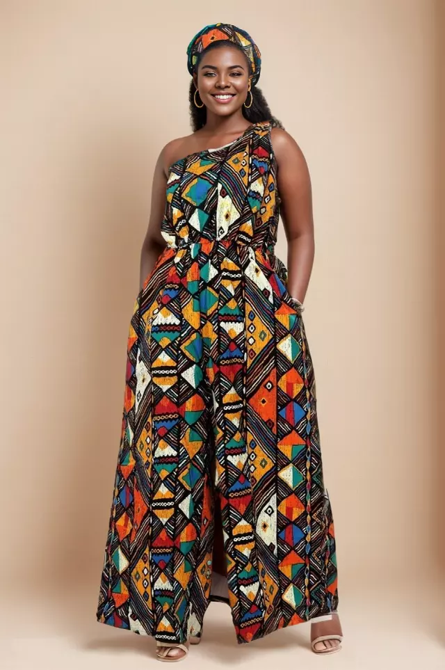 7787 PJ - Side Shoulder African Wax Jumpsuit (3 PCS PRE-PACK) - $25.00 Each — One Size (4 - 26) / Print-622