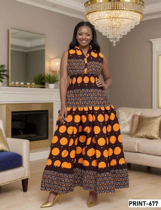 5005 - NEW PRINT ALERT!!! Three Button Authentic African Long Dress (3 PCS PRE-PACK) - $20.00 EACH — One Size (4 - 24) / Print-677