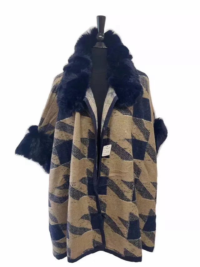 TX522 Faux Fur Houndstooth Pattern Cape — Navy