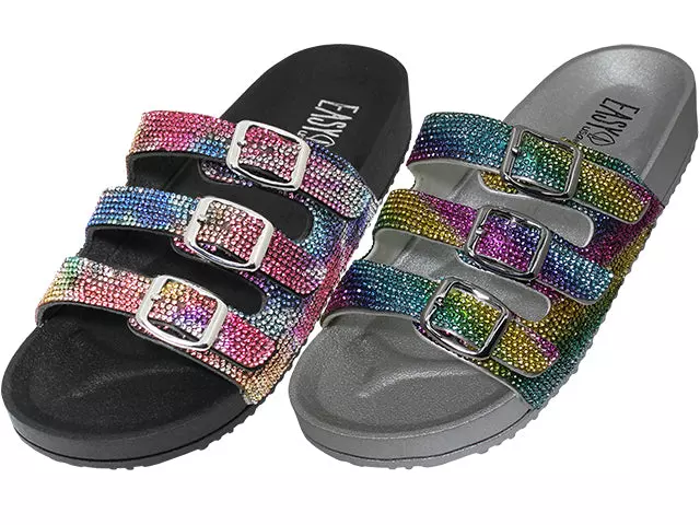 W8228L-A - Wholesale Women's " Easy USA " Rainbow Rhinestone 3 strap With Buckle Upper Sandals — Assorted - Rainbow Rhinestone (Black & Silver (W8228L-A) / 6-11 Assorted