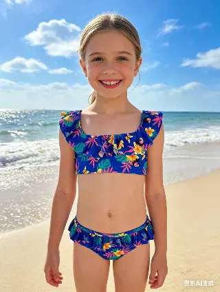 KH3032 Kids Floral Ruffle Two Piece — Blue