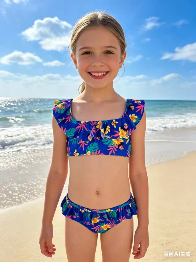 KH3032 Kids Floral Ruffle Two Piece — Blue