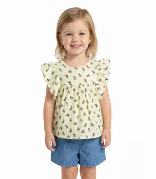 GIRLS PINK Textured Woven Top with Big Ruffle Sleeve and Denim Short Set - 2170902