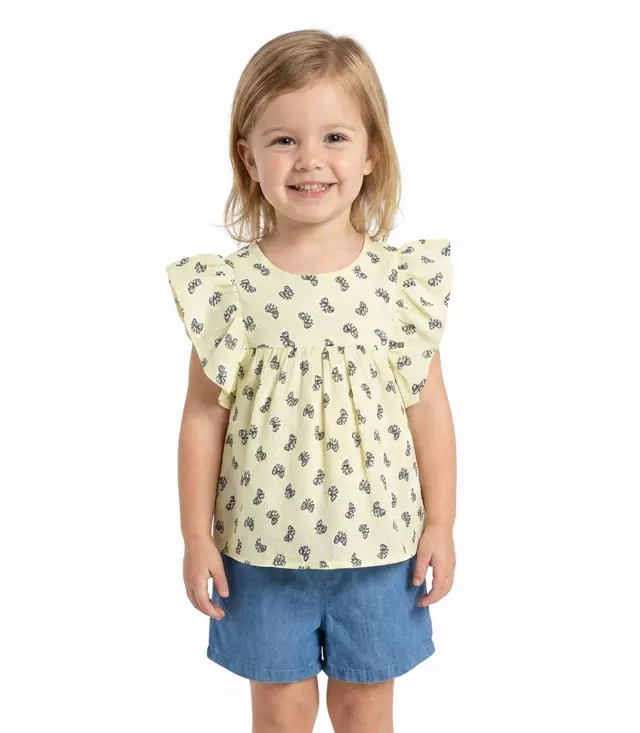 GIRLS PINK Textured Woven Top with Big Ruffle Sleeve and Denim Short Set - 2170902