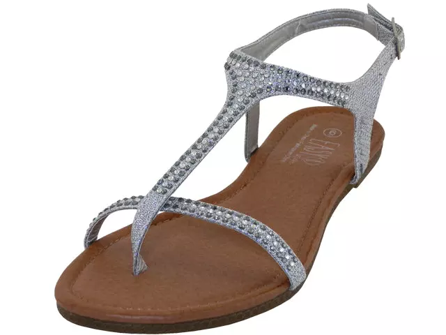 W8303L - Women's "Easy USA" Rhinestone Upper Comfortable Thong Sandals — Silver (W8303L-S) / 6-11 Assorted