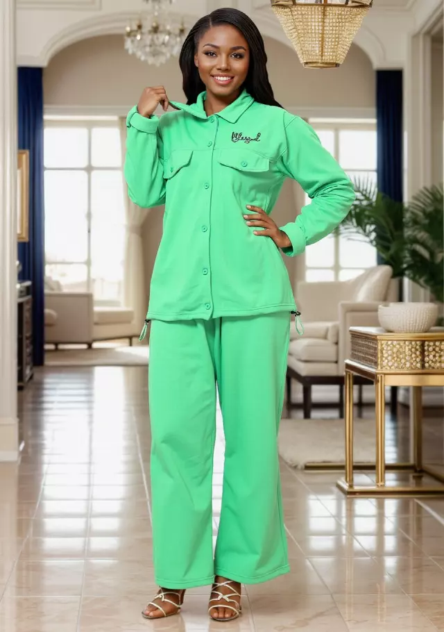 NLM-FL02 - 2-Pcs "BLESSED" Collared button down Top & Pant Set - $25.00 Each (3 pcs per pack) — Mint Green