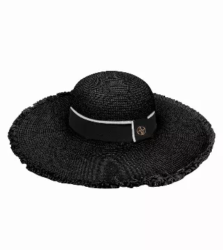 Adrienne Vittadini Frayed Brim Straw Floppy — BLACK