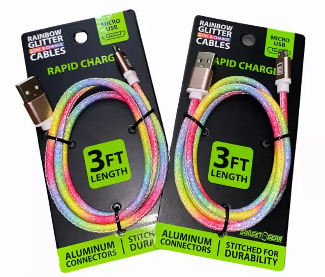Charging Cable Rainbow Glitter USB to Micro USB 3FT - 20 Pieces Per Pack 23608MN