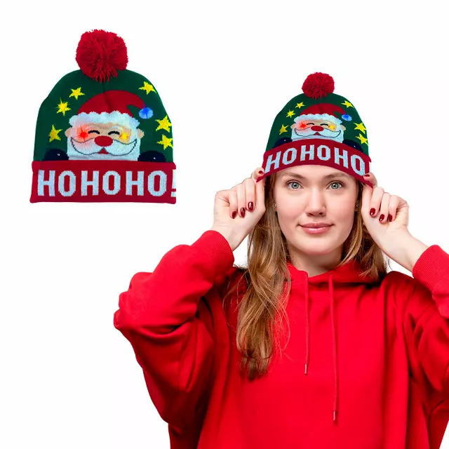 Christmas 2025 Colorful Warm LED Holiday Pom Pom Beanie Hat — Santa