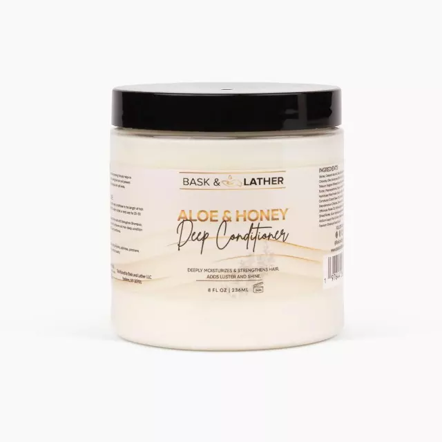 BASK & LATHER Aloe & Honey Deep Conditioner  Moisturizing Hair Mask with Aloe Vera, Honey & Shea Butter  Restores Strength, Reduces Breakage, For All Hair Types & Color-Treated Hair, 8oz