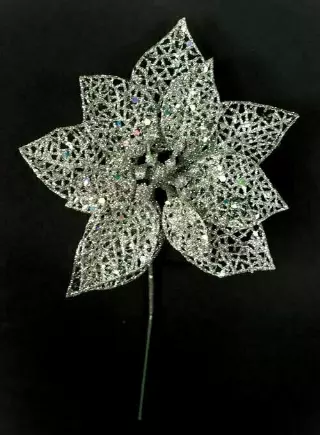 XP1013sil – 6” Fancy sparkle poinsettia pick “dz”