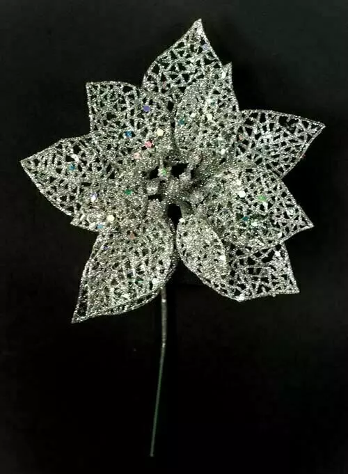 XP1013sil – 6” Fancy sparkle poinsettia pick “dz”