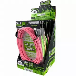 Charging Cable Glow in The Dark Assortment 10FT 2.4 Amp - 6 Pieces Per Retail Ready Display 88320
