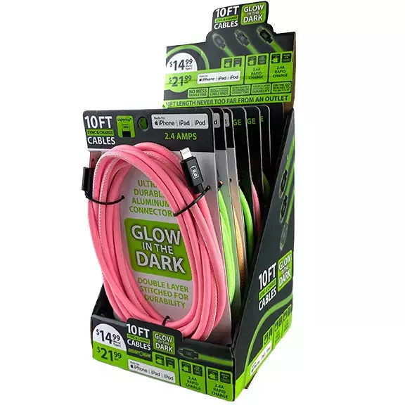 Charging Cable Glow in The Dark Assortment 10FT 2.4 Amp - 6 Pieces Per Retail Ready Display 88320