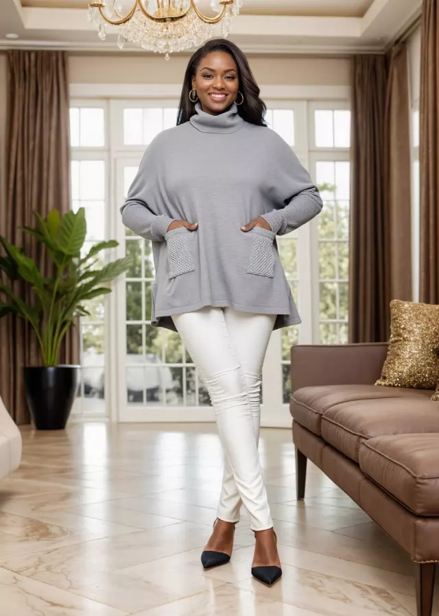 25012 - Women's Turtle-Neck Gorgeous Sweater With Pockets (3-PCS PRE-PACK) ($18.00 Each) — Grey / One Size Fits Most