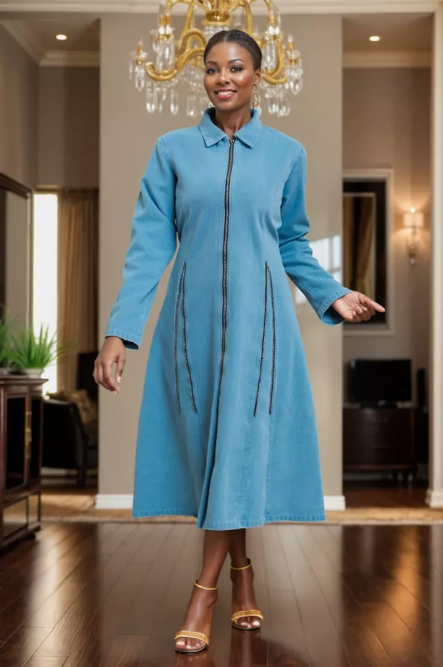 25057- Women's Ankle Length Zippered Denim Dress - $35.00 Each (3 pcs Pre Pack) — Free Size / Blue