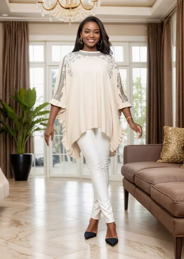 25021 - Women's Embellished Soft-Feel Poncho - $49.00 Each — Free Size / Beige