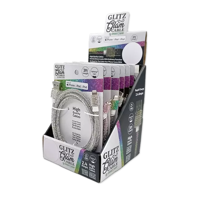 Charging Cable 3FT 2.4Amp USB-to-USB-C / Lightning Glitz N Glam Assortment - 6 Pieces Per Retail Ready Display 25679