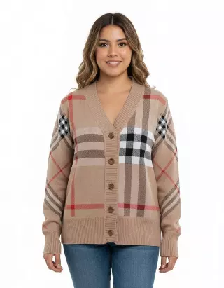 Button-Down Cardigan With Bold Plaid Design — Camel / S-M-L-XL-2XL