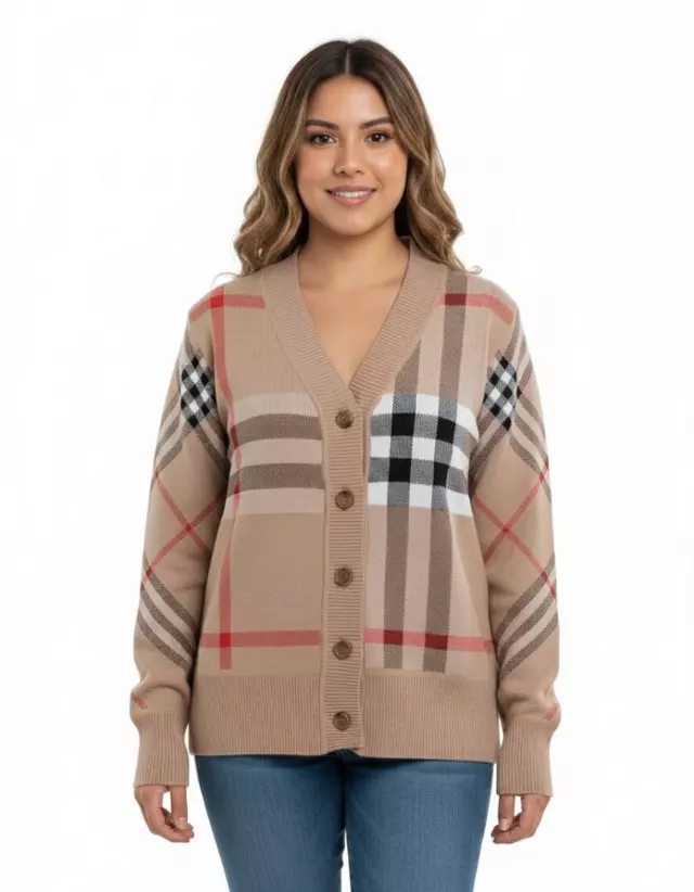 Button-Down Cardigan With Bold Plaid Design — Camel / S-M-L-XL-2XL