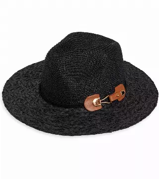Max Studio Straw Buckle Panama Hat — BLACK