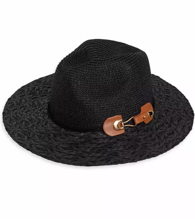 Max Studio Straw Buckle Panama Hat — BLACK