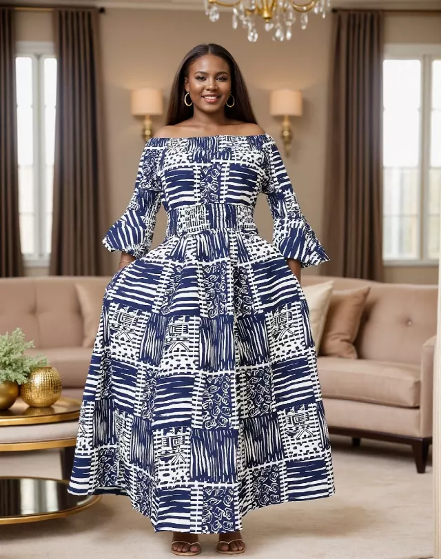 7556 -NEW PRINTS ALERT!!!! Off Shoulder Maxi Dress in Ankara Prints - $25.00 Each (3 pcs per pack) — Free Size / Print-659