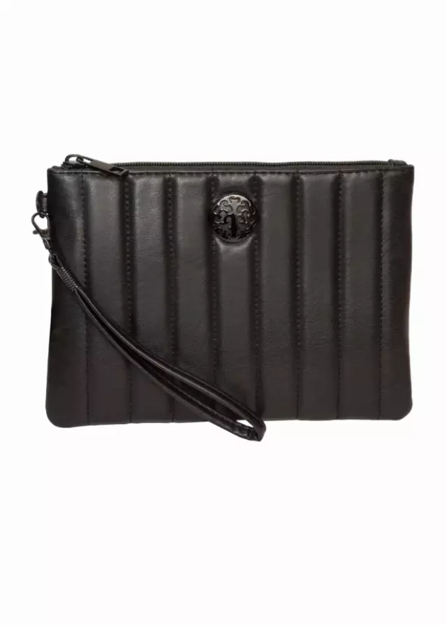 Rebecca & Rifka Smooth Tubular Quilt Medallion Zip Wristlet — BK/BK