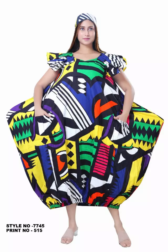 7745- Ankara Dress with Pleated Sleeve - $25.00 Each — Free Size / Print-515
