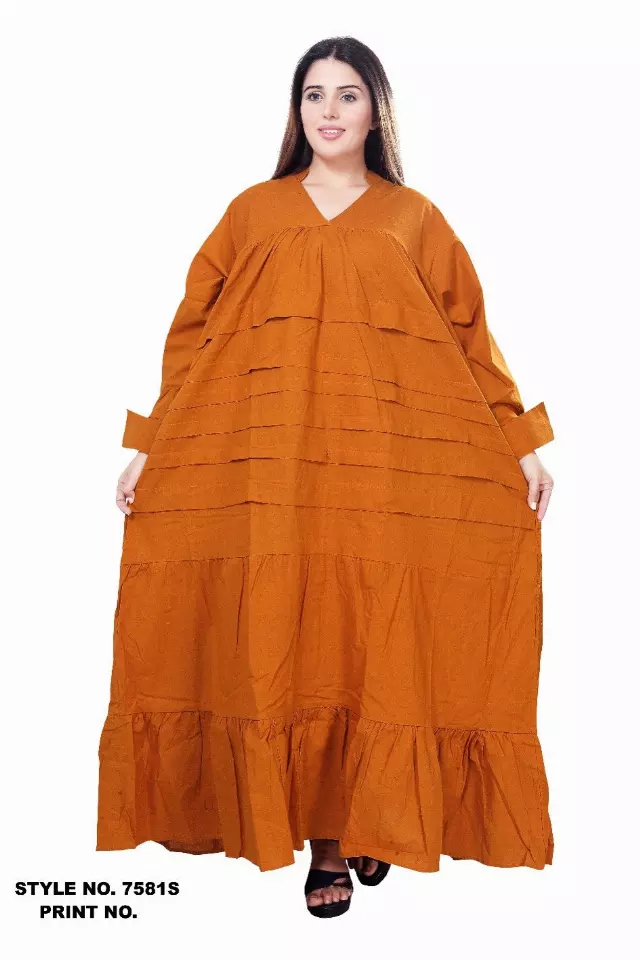 7581S - 100% COTTON SOLID COLOR PLEATED BOTTOM FRILL MAXI DRESS (3 PCS PRE-PACK) - $30.00 EACH — One Size (4-24) / Mustard