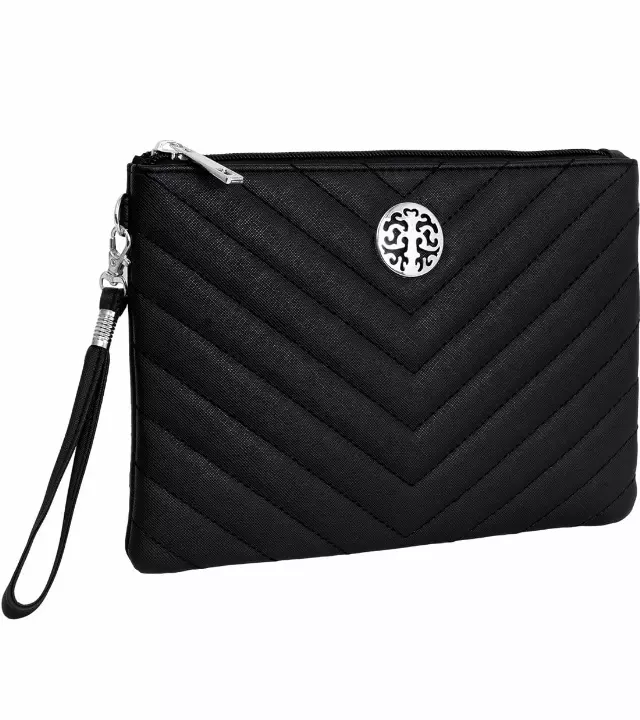 Rebecca & Rifka Saffiano Chevron Quilted Medallion Zip Wristlet — BK/SIL