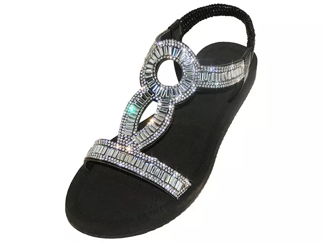 W7903L - Women's "Easy USA" Rhinestone Upper Comfortable Sandals — Black (W7903L-B) / 6-11 Assorted