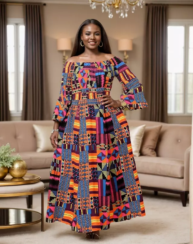 7556 -NEW PRINTS ALERT!!!! Off Shoulder Maxi Dress in Ankara Prints - $25.00 Each (3 pcs per pack) — Free Size / Print-550
