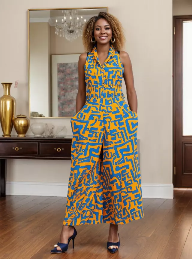 5011 - Three Button Authentic African Long Jumpsuit (3 PCS PRE-PACK) - $20.00 EACH — One Size (4 - 24) / Print-662