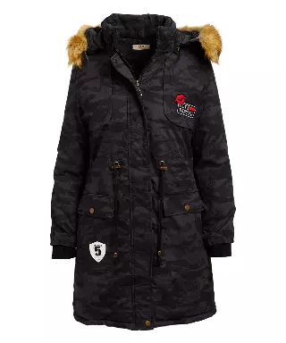 18009- Camouflage Print Long Winter Coat with Removable Hood ON SALE $10 EACH (4-PCS PRE-PACK) — M/L/1X/2X / Black