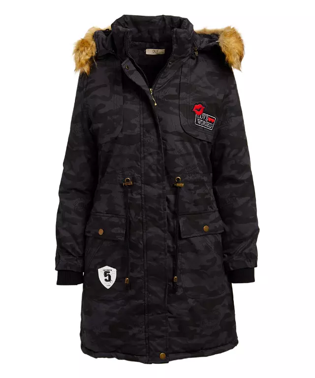 18009- Camouflage Print Long Winter Coat with Removable Hood ON SALE $10 EACH (4-PCS PRE-PACK) — M/L/1X/2X / Black