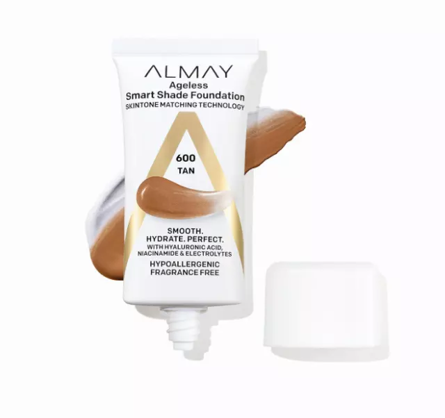 Almay Ageless Smart Shade Liquid Foundation Makeup, Hypoallergenic, 600 Tan, 1 fl oz